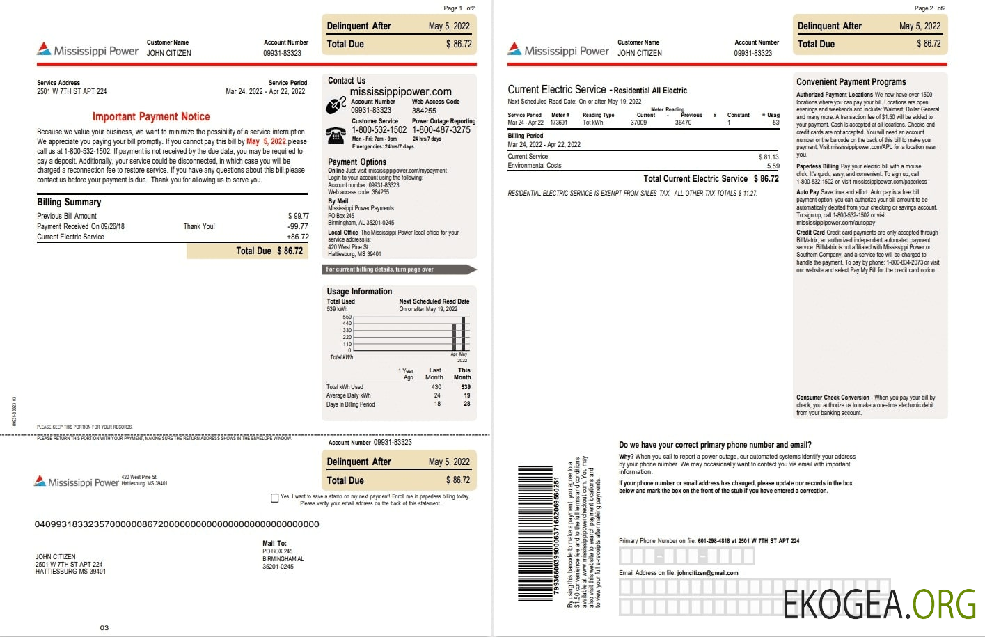 USA Mississippi Power utility bill, Word and PDF template, 2 pages